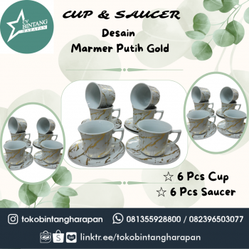 CUP & SAUCER DESAIN MARMER PUTIH GOLD